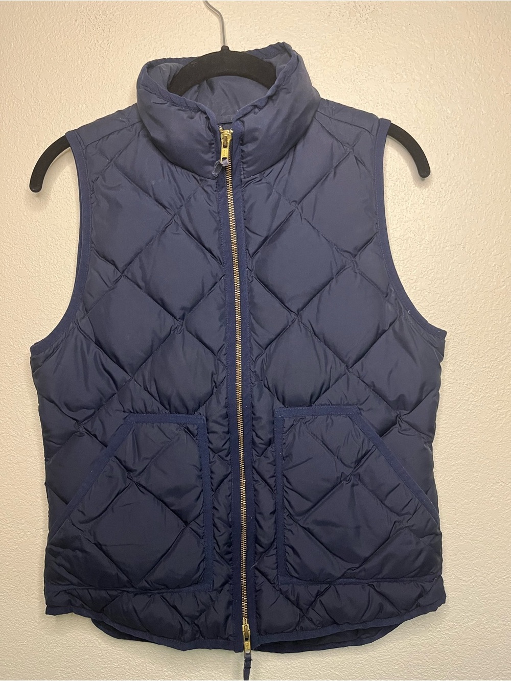 J. Crew Down Preppy Navy Quilted Puffer Vest with Gold Zipper XS 17” x 22”